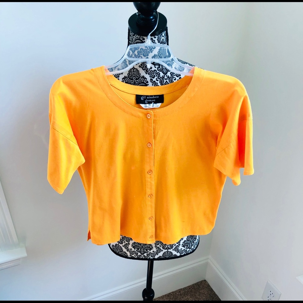 VTG 70s crop pima Cotton short sleeve button front Poppy color crop Top